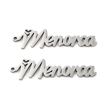 201 Stainless Steel Pendants, Word Menorca Charm, Stainless Steel Color, 11x43.5x1.5mm, Hole: 1.5mm