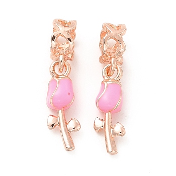 Rack Plating Alloy Pearl Pink Enamel European Dangle Charms, Large Hole Charms, Rose, Rose Gold, 26mm, Rose: 18.5x6.5x5.5mm, Hole: 5.7mm