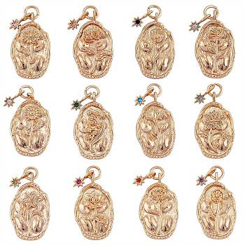 12Pcs 12 Style Brass Rhinestone Pendants, Birth Flower Charms, Oval with Star, Golden, 23x13x2mm, Hole: 3mm, Star: 9x4x1mm, 1Pc/style