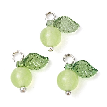Natural Dyed Malaysia Jade Fruit Charms, with Acrylic Leaf and Platinum Plated Brass Loops, Light Green, 13x12x6mm, Hole: 2mm