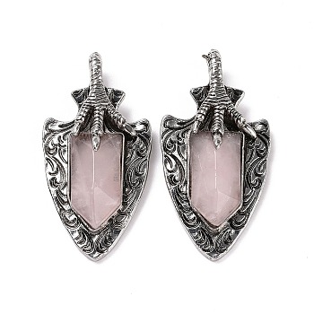 Natural Rose Quartz Faceted Big Pendants, Dragon Claw with Arrow Charms, with Antique Silver Plated Alloy Findings, 55x27.5x10.5mm, Hole: 6mm
