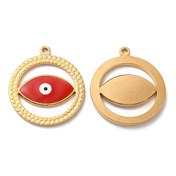 Vacuum Plating 201 Stainless Steel Pendants, with Enamel, Real 18K Gold Plated, Evil Eye, Red, 28.5x25.5x2.5mm, Hole: 2mm