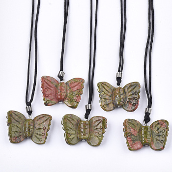 Natural Unakite Pendant Necklaces, with Polyester Cords and Iron & Brass Findings, Butterfly, 14.1 inch~29.9 inch(36~76cm), 1.5mm, Pendant: 21~24x29~34x7~8mm