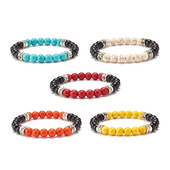 Round Synthetic Turquoise(Dyed) Beaded Stretch Bracelet for Women, Mixed Color, Inner Diameter: 2-1/4 inch(5.8cm)