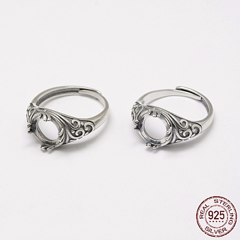 Adjustable Thailand 925 Sterling Silver Finger Ring Components, Flat Round , Antique Silver, Tray: 9mm, 18mm
