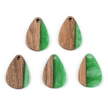 Opaque Resin & Walnut Wood Pendants, Teardrop, Green, 21.5x14.5x3mm, Hole: 2mm