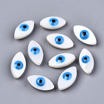 Natural Freshwater Shell Beads, with Enamel, Enamelled Sequins, Horse Eye with Evil Eye, Dodger Blue, 14x7.5x4.5mm, Hole: 0.8mm