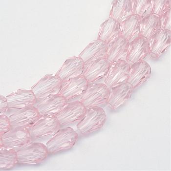 Transparent Glass Bead Strands, Faceted Teardrop, Pearl Pink, 8x6mm, Hole: 1mm, about 66~68pcs/strand, 19.6 inch
