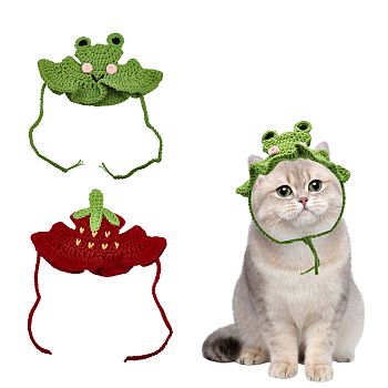 2Pcs 2 Style Wool Woven Pet Headwear Costume, for Cats Dogs Festival Birthday Theme Party Photo Prop, Frog & Strawberry, Mixed Shapes, 150mm, Hole: 43x24mm, 1pc/style