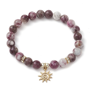 8mm Round Natural Plum Blossom Tourmaline Beaded Stretch Bracelets, Golden Plated 304 Stainless Steel Charm Bracelets for Women Men, Sun, Inner Diameter: 2-1/4 inch(5.6cm)