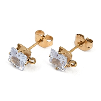 Ion Plating(IP) 304 Stainless Steel Cubic Zirconia Stud Earring Findings, Square, Clear, 8x6.5mm, Hole: 1.4mm, Pin: 0.8mm