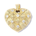 Valentine's Day Brass Clear Cubic Zirconia Pendants, Textured Heart Charms, Mirror Polished Finish, Ion Plating(IP), Real 18K Gold Plated, 20x19mm, Hole: 4.4mm(KK-OY001-27G)