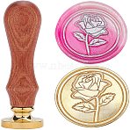DIY Scrapbook, Brass Wax Seal Stamp and Wood Handle Sets, Rose, Golden, 8.9x2.5cm, Stamps: 25x14.5mm(AJEW-WH0100-119)