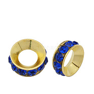 Brass Rhinestone Spacer Beads, Grade A, Rondelle, Golden Metal Color, Sapphire, 9x4mm, Hole: 4mm(RB-A020-9mm-05G)