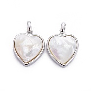 Natural White Shell Mother of Pearl Shell Pendants, with Brass Settings, Heart, Platinum, 13x11x4.5mm, Hole: 2x3mm(BSHE-F011-04A-P)