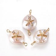 Natural Pearl Links connectors, with Cubic Zirconia and Brass Findings, Flat Round with Star, Clear, 19~23x10~12x6~9mm, Hole: 1.6mm(PEAR-I005-11C)