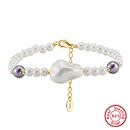 Natural Shell Pearl Beaded Bracelets, 925 Sterling Silver Clasps Bracelets for Women, Real 14K Gold Plated, 6-1/2 inch(16.4cm)(BJEW-L692-007G)