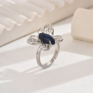 Simple Butterfly Natural Sodalite Adjustable Ring, Brass Ring for Women, Platinum, Inner Diameter: 16~19mm(UP5145-2)