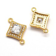 CZ Brass Micro Pave Cubic Zirconia Links, Clear, Cadmium Free & Nickel Free & Lead Free, Rhombus, Real 18K Gold Plated, 15x20x5mm, Hole: 1mm(X-ZIRC-L002-09G)