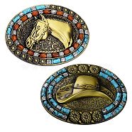 2Pcs 2 Style Zinc Alloy Smooth Buckles, Belt Fastener for Men, with Synthetic Turquoise, Oval with Cowboy Hat & Horse, Antique Bronze, 73.5~75x99~101x28mm, 1pc/style(AJEW-GA0006-52AB)