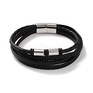 Men's Braided Black PU Leather Cord Multi-Strand Bracelets, Column 304 Stainless Steel Link Bracelets with Magnetic Clasps, Stainless Steel Color, 8-3/4 inch(22.1cm)(BJEW-K243-10P)