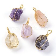 Natural Gemstone Big Pendants, with Golden Plated Brass Wire, Nuggets, 40~58x19~30mm, Hole: 7x9mm(G-A172-15)