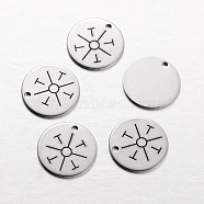 Spray Painted Stainless Steel Charms, Flat Round with Pattern, Stainless Steel Color, 14x1mm, Hole: 1mm(STAS-I051-E10)