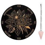 AHADEMAKER 1Pc Cone/Spike/Pendulum Natural Rose Quartz Stone Pendants, 1Pc 304 Stainless Steel Cable Chain Necklaces, 1Pc PVC Custom Pendulum Board, Dowsing Divination Board, Flower Pattern, Board: 200x4mm(DIY-GA0004-62B)