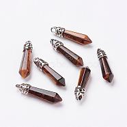 Natural Tiger Eye Pointed Pendants, with Platinum Tone Alloy Findings, Bullet, 33~40x8~9x8~9mm, Hole: 3x4mm(G-P309-01)