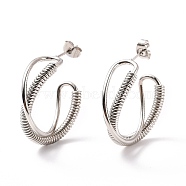201 Stainless Steel Wrapped Twist Stud Earrings, Half Hoop Earrings with 304 Stainless Steel Pin for Women, Stainless Steel Color, 34.5x27x9mm, Pin: 0.8mm(EJEW-F280-24P)