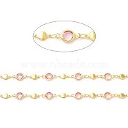 Bass Flat Round Link Chains, with Pink Glass Beaded, Soldered, with Spool, Real 18K Gold Plated, 8.5x4x1.5mm, 12.5x6.5x2.5mm(CHC-A006-09G)