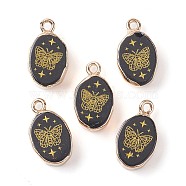 Natural Obsidian Pendants, Golden Plated Brass Oval Charms with Butterfly, 17.5x10.5x5mm, Hole: 1.6mm(G-C102-08F-G)