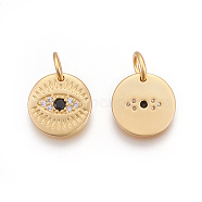 Brass Micro Pave Cubic Zirconia Charms, Lead Free & Cadmium Free, Flat Round with Eye, Black, Matte Gold Color, 10.5x10.5x1.5mm, Hole: 3mm(KK-O118-16MG)