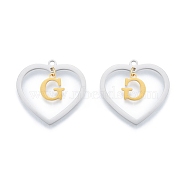 201 Stainless Steel Pendants, Hollow, Heart with Letter A~Z, Real Gold Plated & Stainless Steel Color, Letter.G, 29x29.5x1mm, Hole: 2mm, A~Z: 12x8~10.5x1mm(STAS-N090-LA894-G-P)