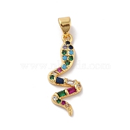 Rack Plating Brass Micro Pave Cubic Zirconia Pendants, Cadmium Free & Lead Free, Real 18K Gold Plated, Snake, Colorful, 25x10x2.5mm, Hole: 4.5x3.2mm(KK-A160-03G)