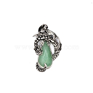 Natural Green Aventurine Brass Pendants, Flying Dragon Charms with Faceted Teardrop Gems, Antique Silver, 38x22x6mm(G-PW0004-66C)