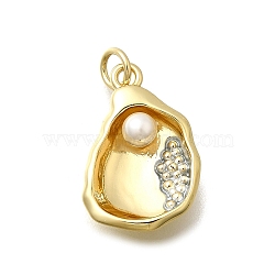 Brass & ABS Imitation Pearl Pendants, Shell Shape Charms with Jump Rings, Lead Free & Cadmium Free, Rack Plating, Real 18K Gold Plated, 20x13.5x5mm, Hole: 3.3mm(KK-D339-11G)