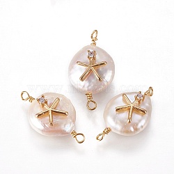 Natural Pearl Links connectors, with Cubic Zirconia and Brass Findings, Flat Round with Star, Clear, 19~23x10~12x6~9mm, Hole: 1.6mm(PEAR-I005-11C)