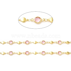 Bass Flat Round Link Chains, with Pink Glass Beaded, Soldered, with Spool, Real 18K Gold Plated, 8.5x4x1.5mm, 12.5x6.5x2.5mm(CHC-A006-09G)