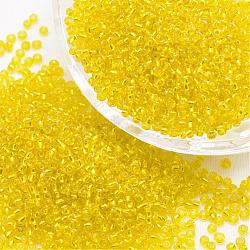 8/0 Transparent Glass Round Seed Beads, Grade A, Silver Lined, Yellow, 2.8~3.2mm, Hole: 1.0mm, about 15000pcs/pound(SEED-J010-F8-30)