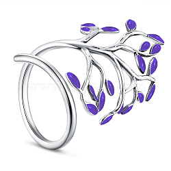SHEGRACE Adjustable 925 Sterling Silver Finger Ring, with Enamel, Leaves, Size 8, Purple, 18mm(JR390F)