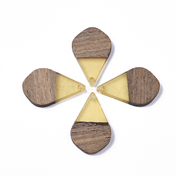 Resin & Walnut Wood Pendants, Teardrop, Gold, 28x18x3mm, Hole: 2mm(RESI-S358-23D)