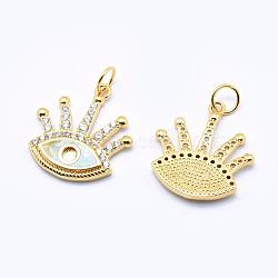 Brass Micro Pave Cubic Zirconia Pendants, with Synthetic Opal, Eye, Golden, 19x17x2mm, Hole: 4mm(ZIRC-E126-B06)