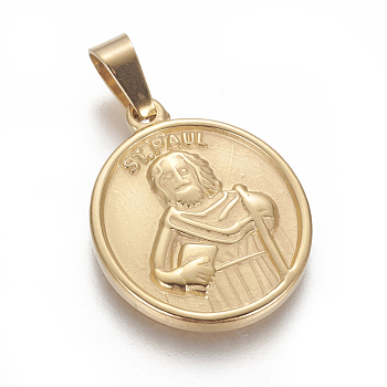 304 Stainless Steel Pendants, Flat Round with Saint Paul the Apostle, Golden, 25x20.5x2.5mm, Hole: 4x6mm