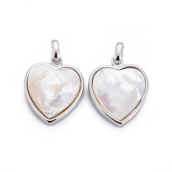 Natural White Shell Mother of Pearl Shell Pendants, with Brass Settings, Heart, Platinum, 13x11x4.5mm, Hole: 2x3mm