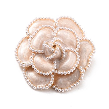 Camellia Enamel Pin, Flower Imitation Pearl in Zinc Alloy Brooch for Girl Women Gift, Light Gold, Linen, 50x50x24mm, Pin: 0.7mm.