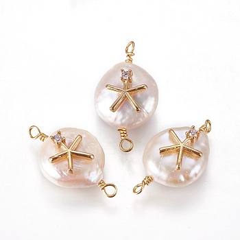 Natural Pearl Links connectors, with Cubic Zirconia and Brass Findings, Flat Round with Star, Clear, 19~23x10~12x6~9mm, Hole: 1.6mm