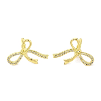 Left and Right Bowknot Brass Cuff Earrings, with Clear Cubic Zirconia for Women, Real 18K Gold Plated, 19x28.5mm