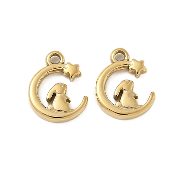 304 Stainless Steel Charms, Moon with Rabbit Charms, Real 14K Gold Plated, 12x10x2mm, Hole: 1.4mm