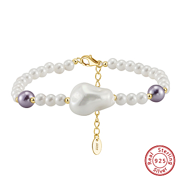 Natural Shell Pearl Beaded Bracelets, 925 Sterling Silver Clasps Bracelets for Women, Real 14K Gold Plated, 6-1/2 inch(16.4cm)